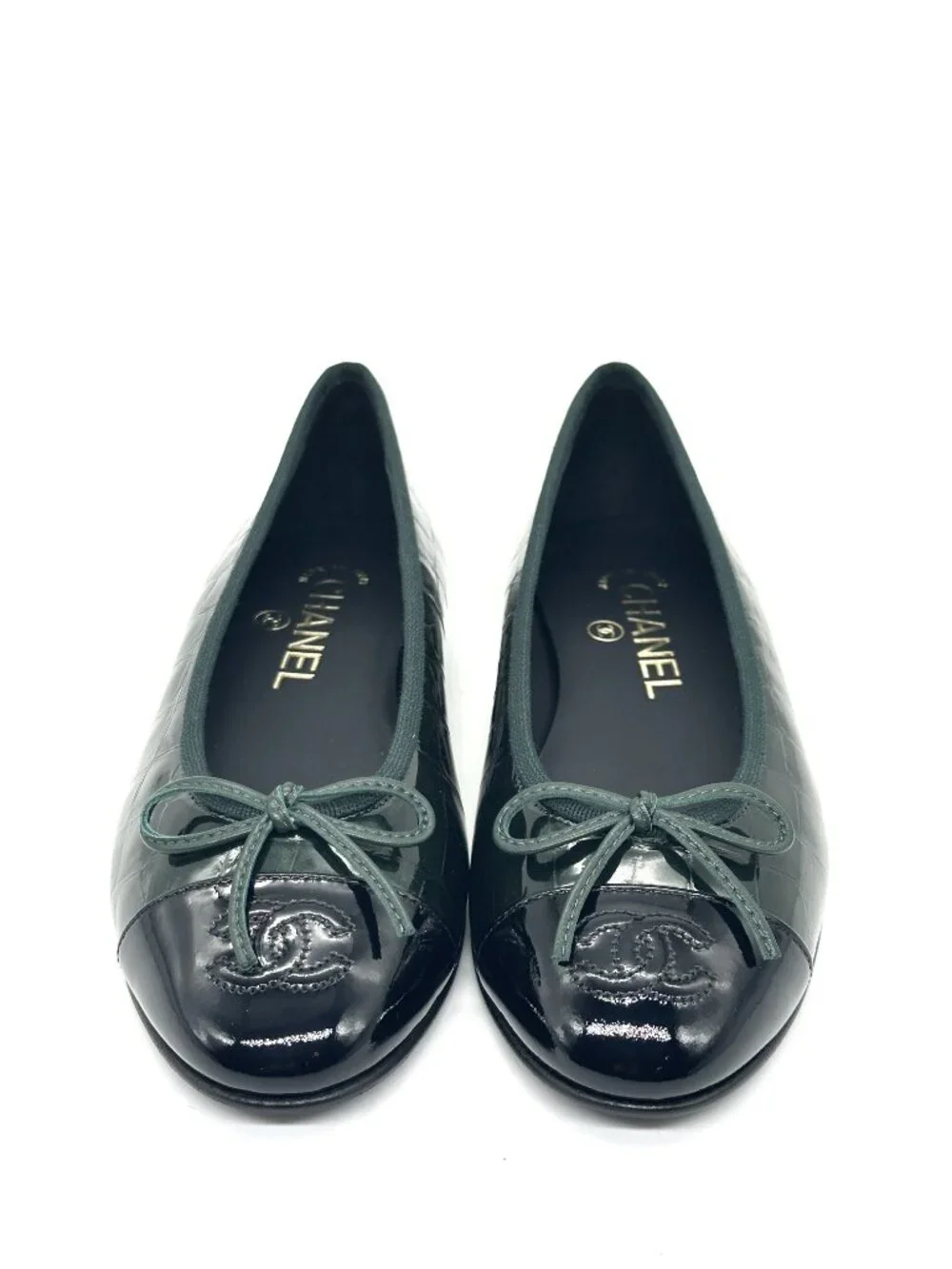 CHANEL 26A Crocodile Embossed Patent Leather Cap Toe Bow Ballerina Ballet Flats - Picture 6 of 16